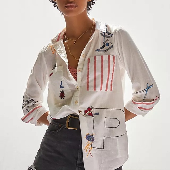 Anthropologie White Red 3/4 Sleeve Button Down Shirt - Picture 2 of 5